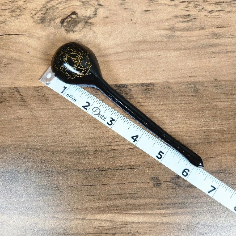 Vintage Russian Khokhloma Hand Painted Wooden Spoon Black Floral Folk Art
